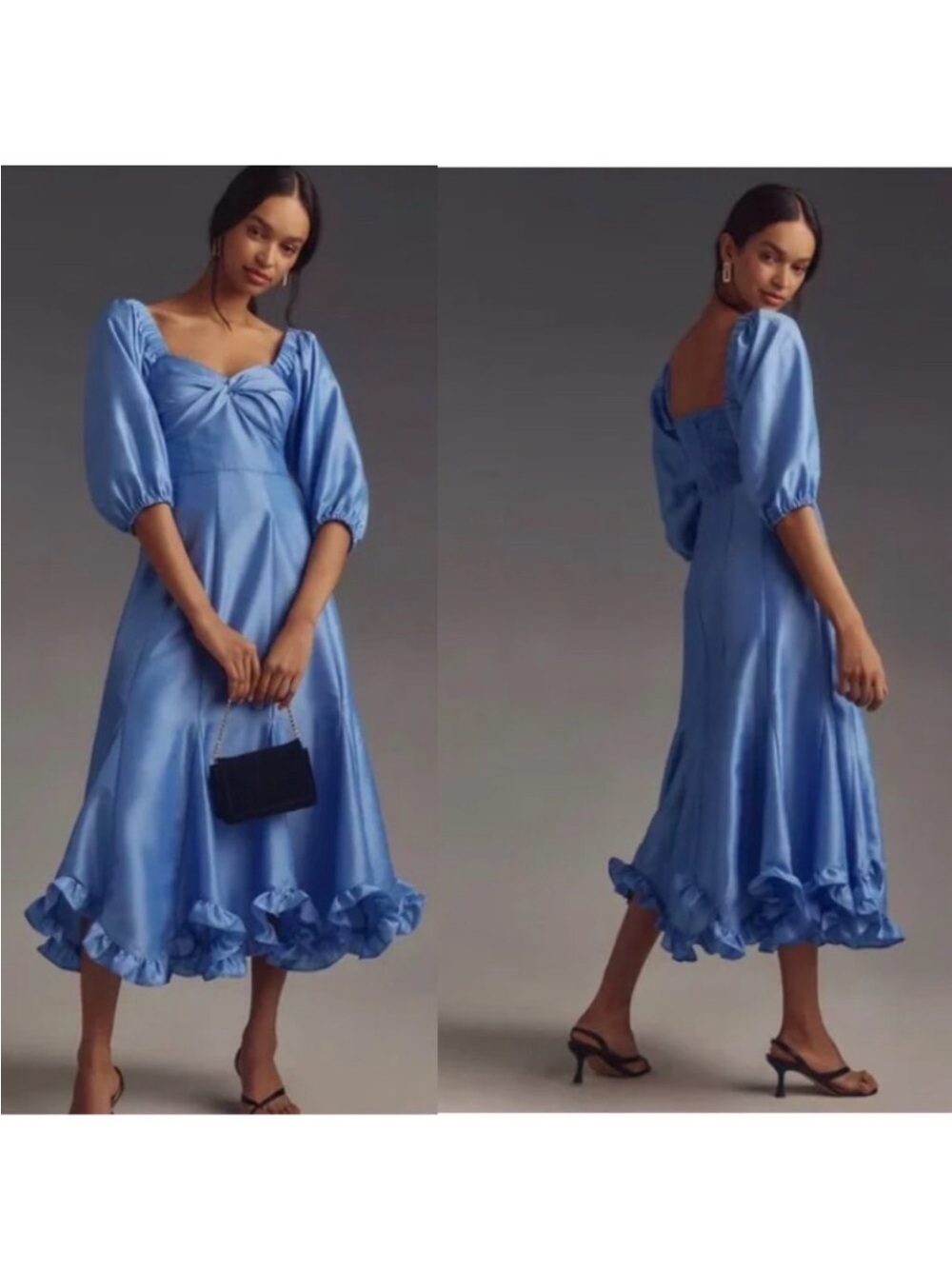 Anthropologie Hutch Twist-front Puff Sleeve Ruffle Hem Midi Dress NWT in Blue XS